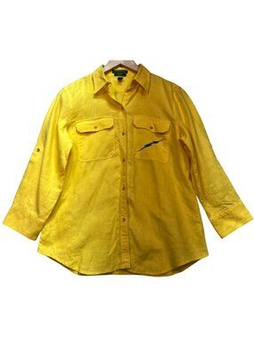 Ralph Lauren Women's Linen Exclusive Button Up Shirt 3/4 Sleeve Size M Yellow